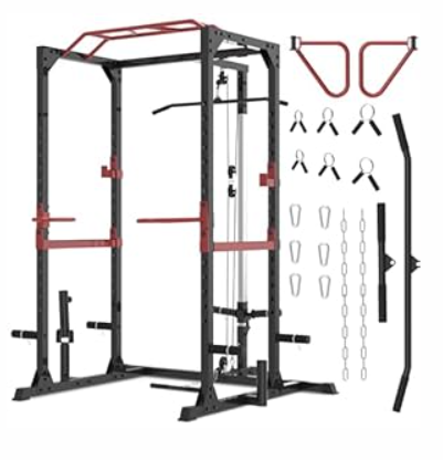 Fitness Reality Power Cage Squat Rack with Optional LAT Pulldown, Cable Crossover, 800 lb Capacity, Multi-Grip Pull-Up Bar, Adjustable Safety Bars, Strength Training for Home Gym