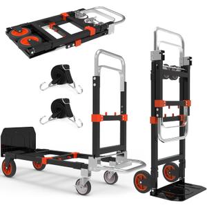 3 in 1 Heavy Duty Folding Hand Truck, Convertible Portable Steel Dolly with Telescopic Handle, Foldable Utility Cart with Rubber Wheels, 500 LBS (Orange)