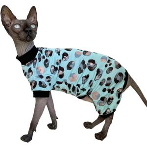Sphynx Cat Four Leg Cotton Pajamas Elastic Pet Clothes for Hairless Cats Surgery Recovery Suit Undershirt Thermal Clothes for Sphynx, Devon, Cornish (Mint Leopard, M (5.5-6.6 lbs))