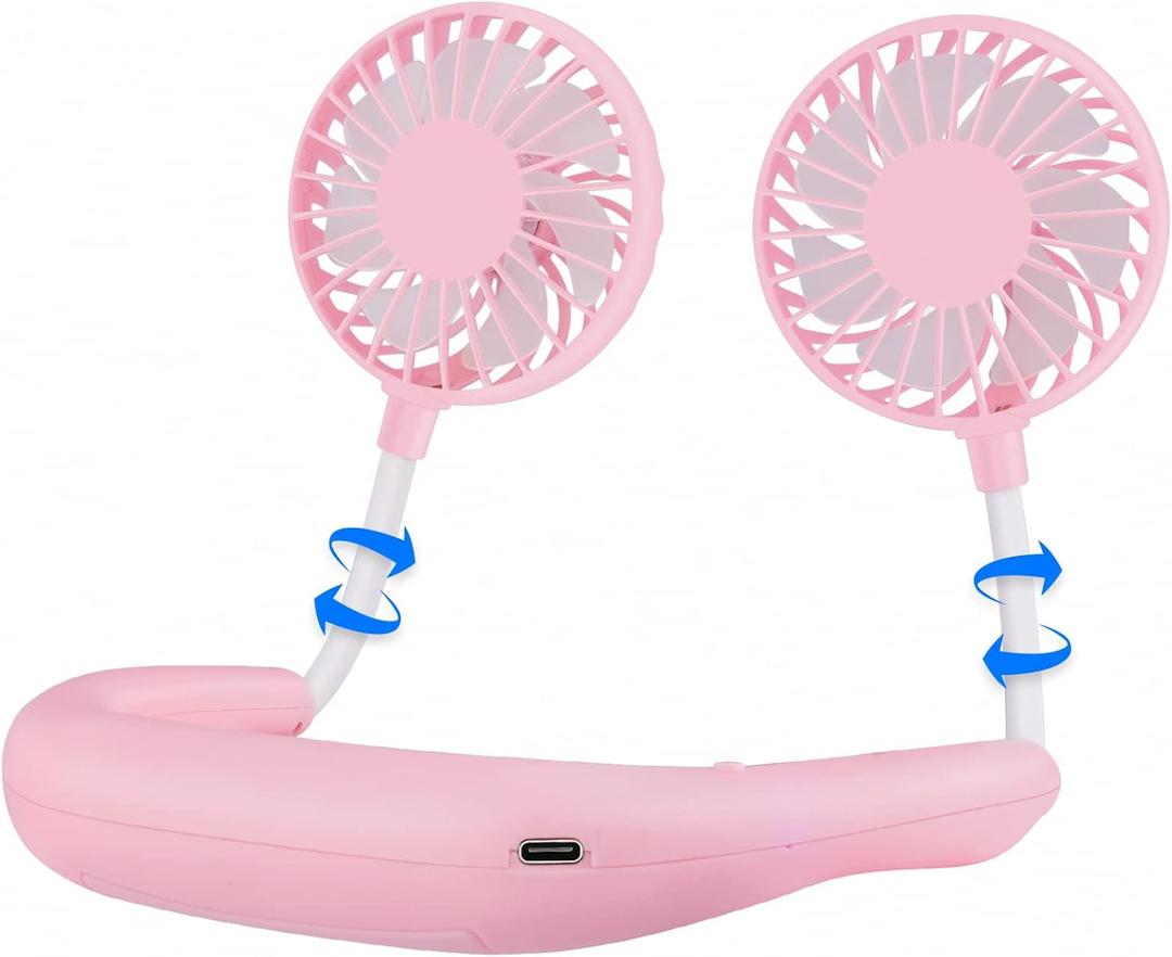 Portable Neck Fan 2500 mAh Rechargeable USB Hands-Free Mini Face Cooling Personal Double Headed Rotatable Small Fan for Working Office Reading Traveling Outdoor Sport (Pink)