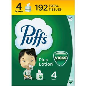 Puffs Plus Lotion with Vicks Facial Tissues, 4 Cubes, 48 Tissues per Box (192 Tissues)