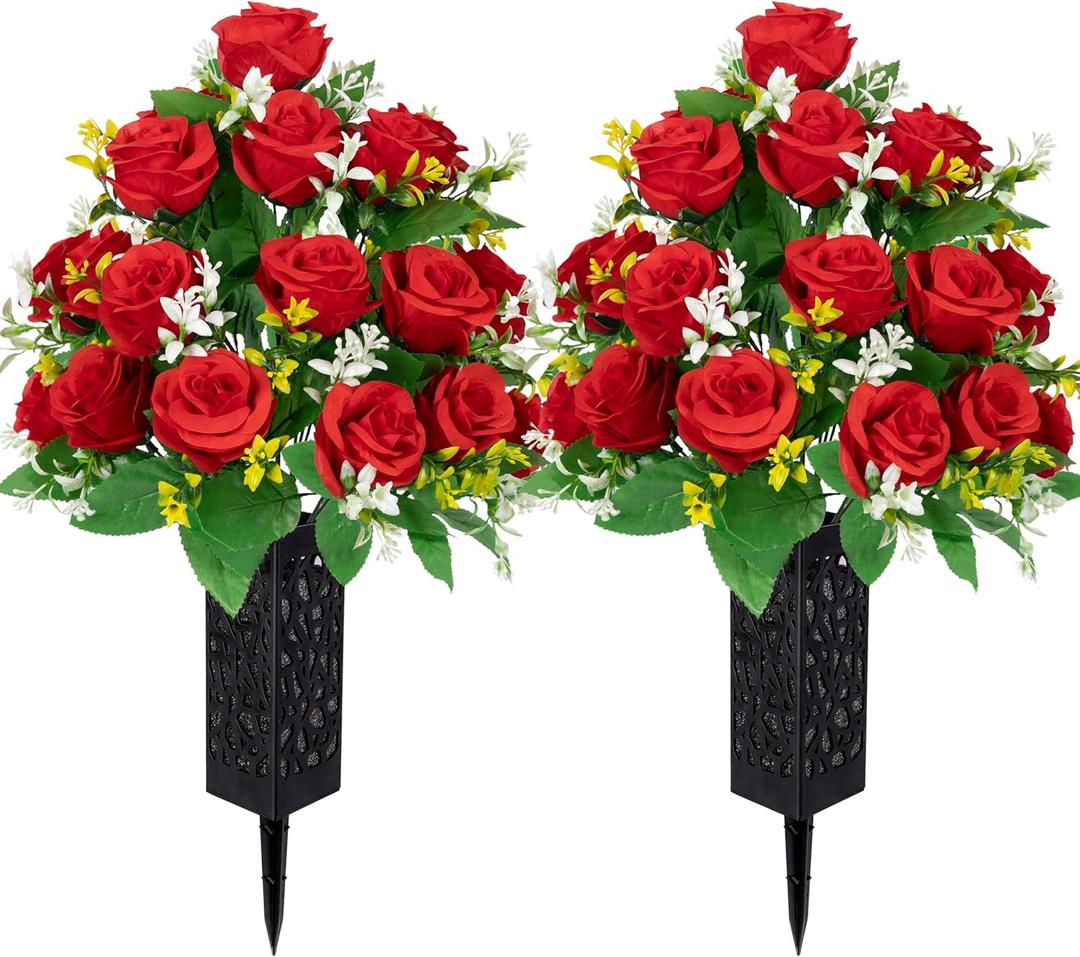 LVXINLI 2 Sets Artificial Cemetery Flowers,Memorial Flowers,Beautiful Arrangements for Headstones,Black Plastic vase with Drainage Hole Long Spikes Outdoor Memorials (red)