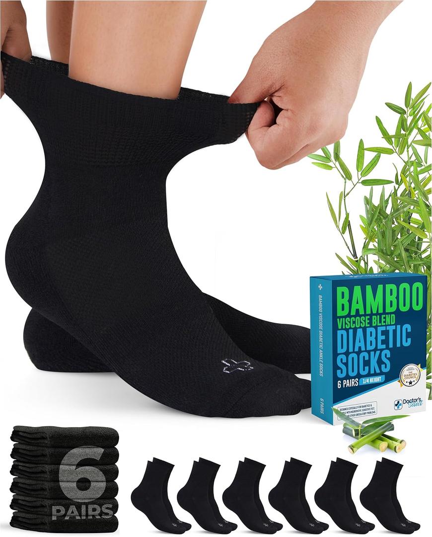 Doctor's Select Bamboo Viscose Diabetic Socks for Women & Men - 6 Pairs, Viscose Bamboo Socks Woman, Non Binding, Wide Top (Medium)