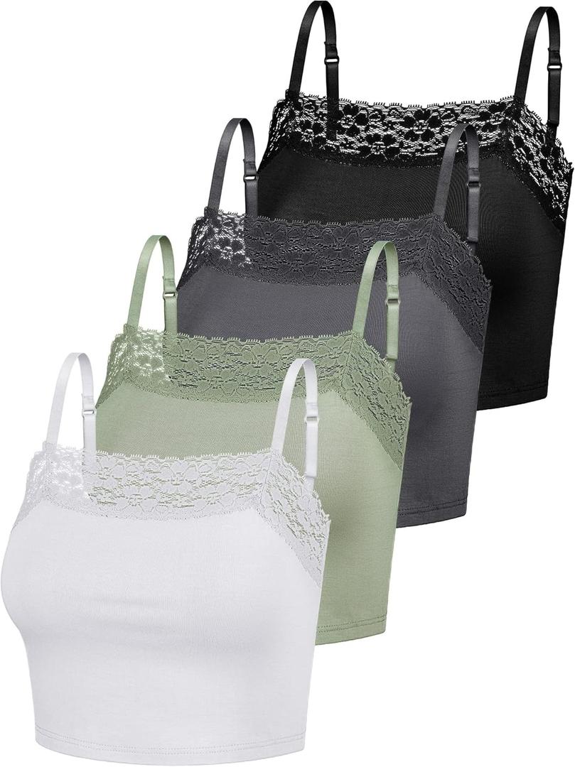 Bencailor 4 Pcs Women's Lace Cami Bralettes Spaghetti Strap Crop Tops Bandeau (Large, Black, Dark Gray, Olive Green, White)