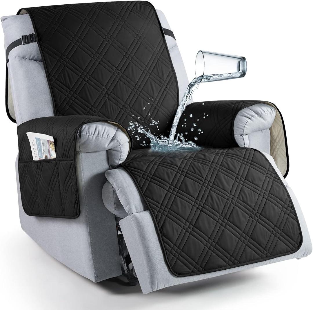 TAOCOCO 100% Waterproof Recliner Chair Cover, Oversized Recliner Covers for Large Recliner Chair with Double Straps, Non Slip Reclining Chair Cover for Kids, Pets(28'', Black)