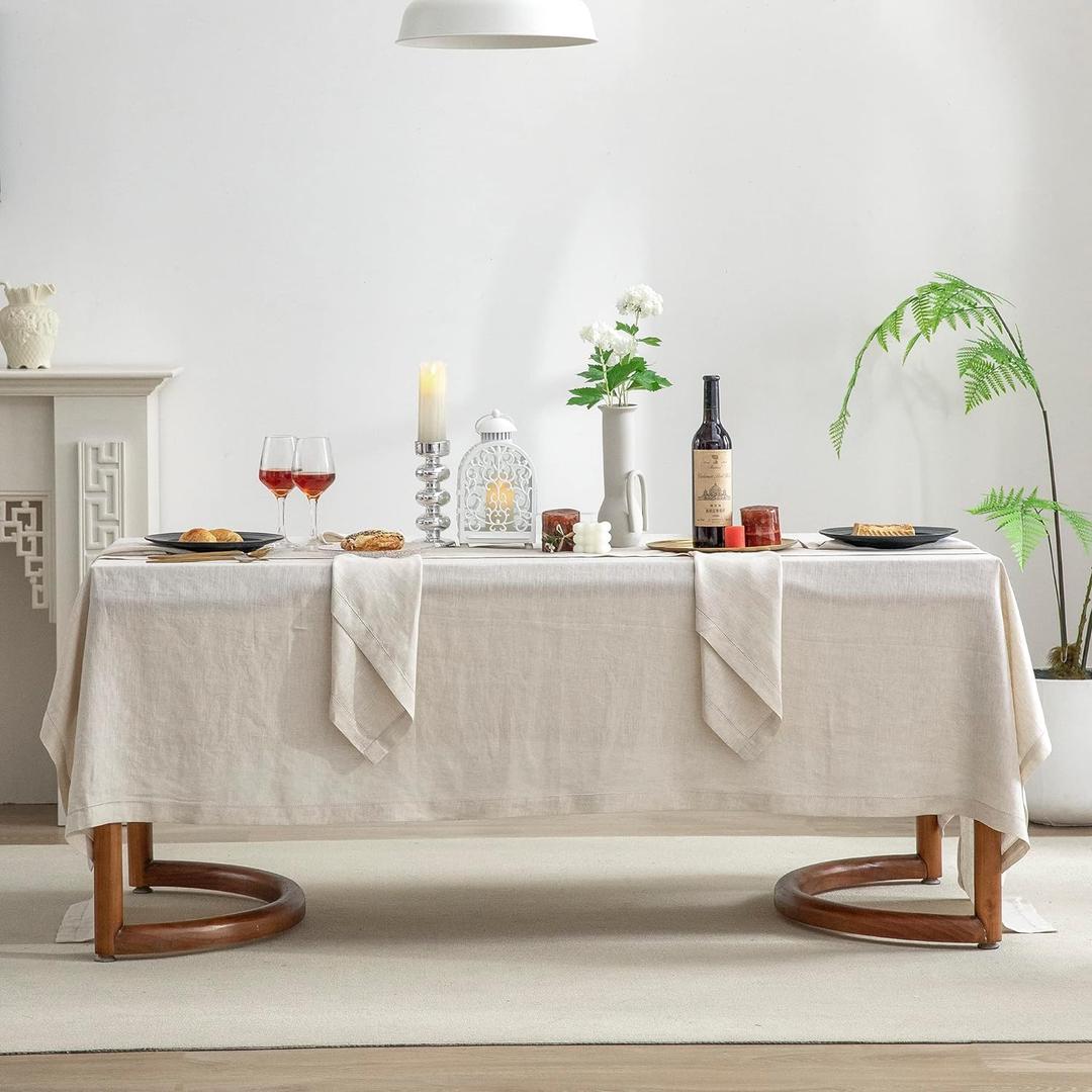 EVERLY Pure Linen Hemstitch Tablecloth,100% Stonewashed French Linen tablecloths for Kitchen Dining Rectangle Tables,60x132Inch Machine Washable Christmas Thanksgiving Organic Tablecloth-Natural Linen