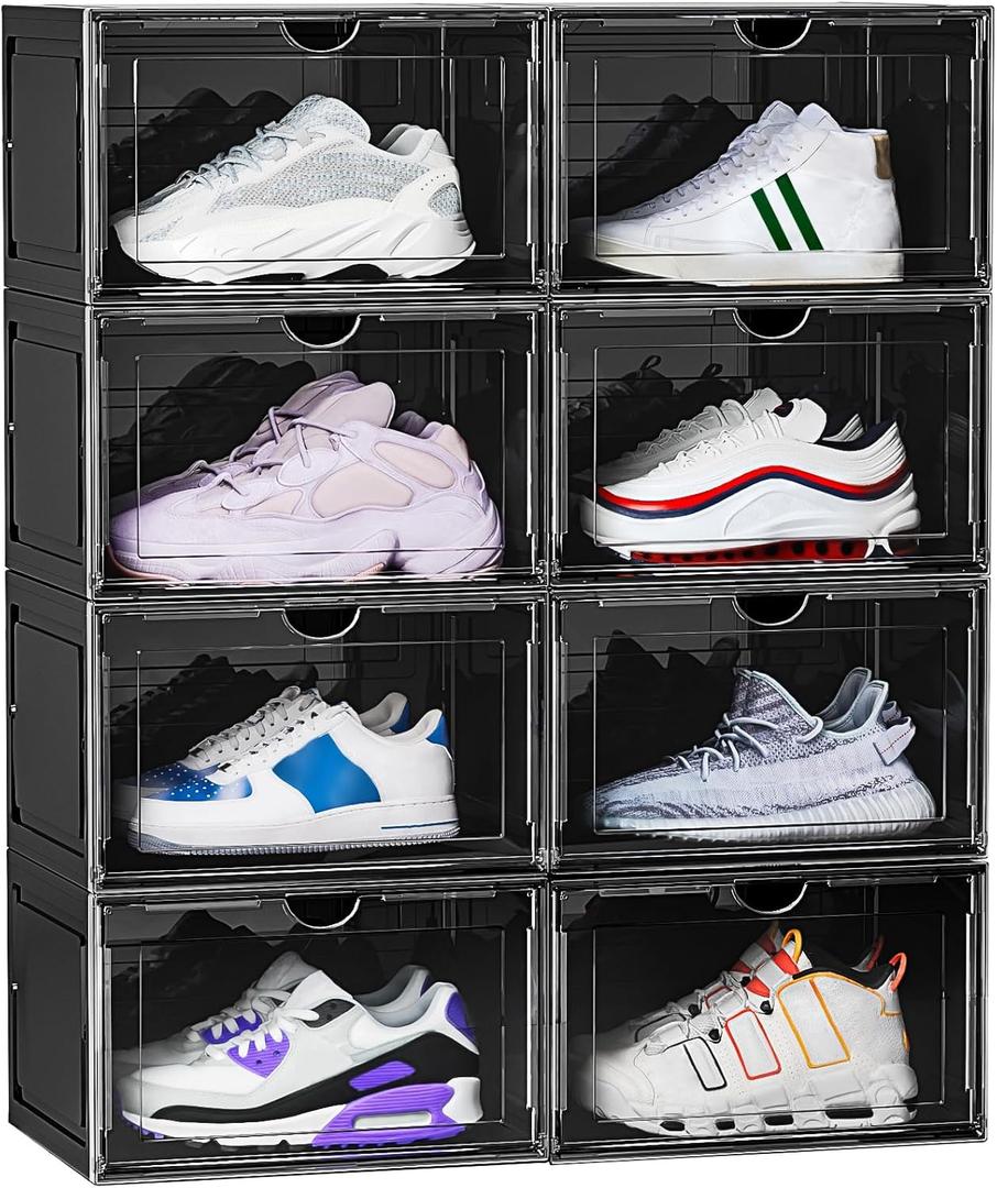 8 Pack XL Shoe Storage Box Organizer,Drop Side Large Shoe Boxes Clear Plastic Stackable Container,Magnetic Sneaker Display Case, Fit up to US 1313.4x 10.6x 8.3(8 Pack Black)