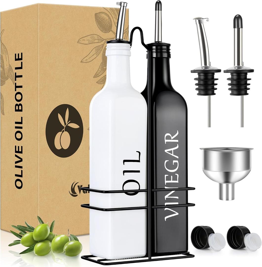 Vakoo Oil and Vinegar Dispenser Set - 17oz/500ml, Extra Thick Glass, Leak-Proof, Olive Oil Dispenser Bottle for Kitchen (White Black)