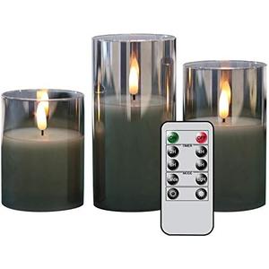 Eldnacele Glass Flameless Flickering LED Candles with Remote & Timer - 3D Wick Battery Operated Pillar Set of 3 Black Glass Candles - Warm Light (D3' x H4' - 6')