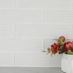 Lovdeco White Water Wave Glass Subway Tile, Glass for Bathroom Kitchen Backsplash Wall, 3 x 12 Inch, 4 Sq.Ft.