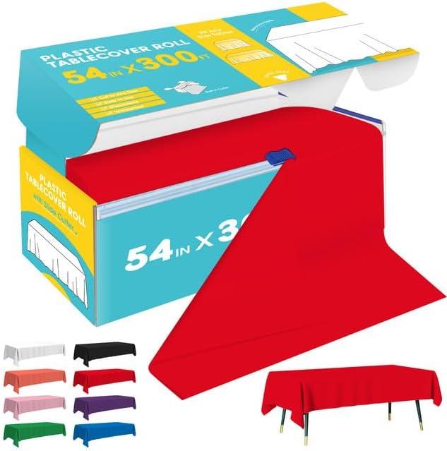 Niuara Red Plastic Table Cover Roll - 54IN x 300FT, Table Cloth for Rectangle Table with Slide Cutter, Plastic Table Cloth Disposable with Cut-to-Size Design for Weddings, Banquets, Parties