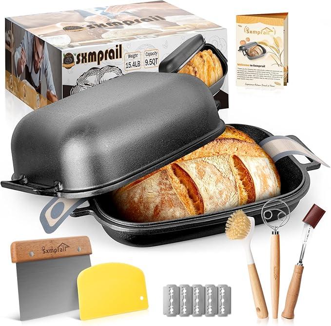 Cloche Loaf Dutch Oven, Pre-Seasoned, 9.5QT, 15.4 LBS Heavy Duty, Non-Stick, Large Bread Loaf Pan, Oval Cast Iron Bread Pan With Lid, Cloche Homemade Loaf Pan, Sourdough Artisan Bread Baking Pan