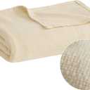 Madison Park Freshspun Basketweave Luxury Cotton Blanket Natural 90x90" Full/Queen Size Basketweave Premium Soft Cozy 100% Cotton For Bed, Couch or Sofa