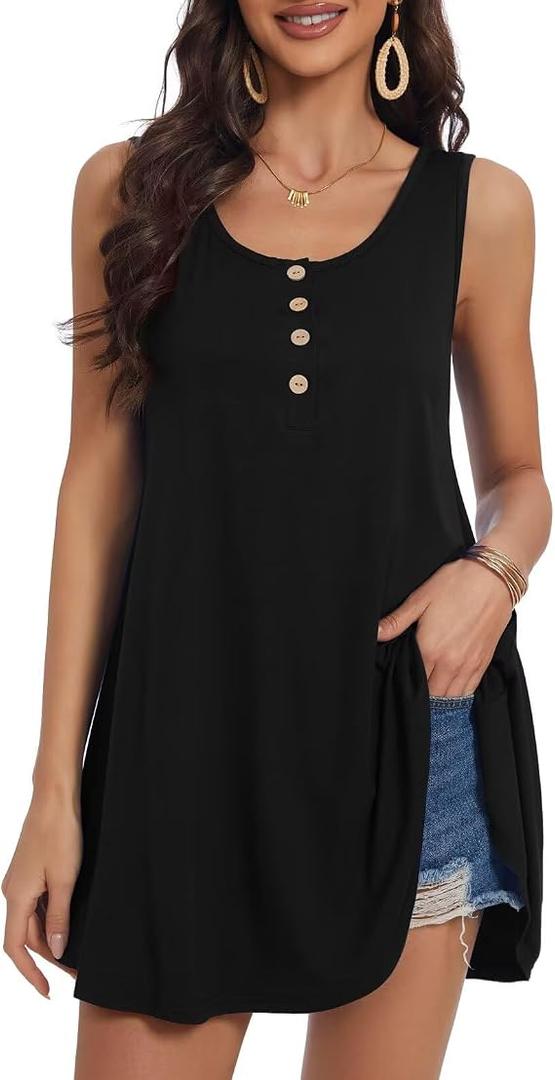 JollieLovin Womens Sleeveless Tunic Plus Size Tank Top with Flare Hem Comfy Loose Shirt Blouse(2X, Black)