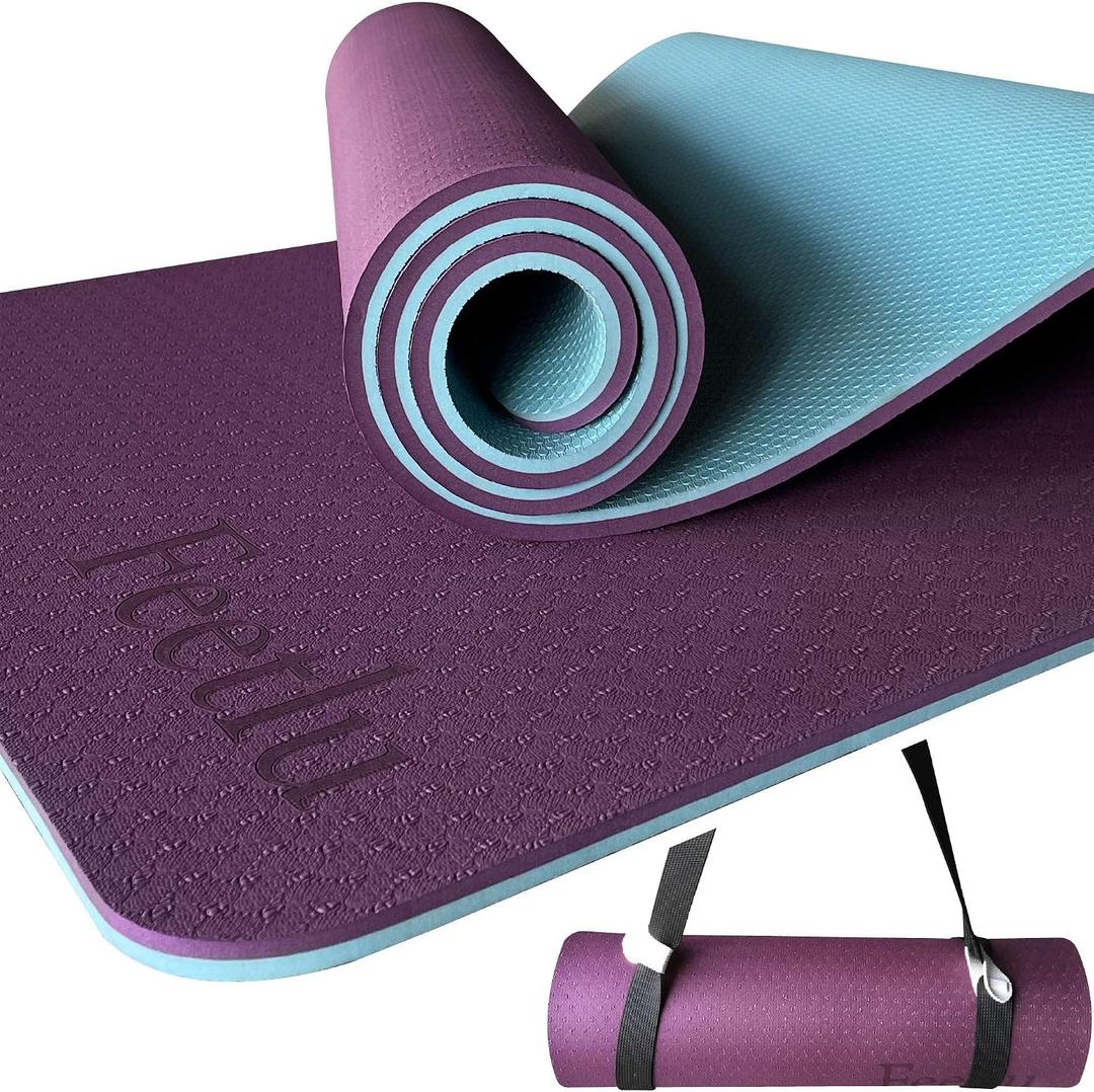 Extra Thick Exercise Yoga Mat with Strap - 2/5 Inch (10MM), Non-Slip Workout Mat for Yoga, Pilates, and Floor Exercises