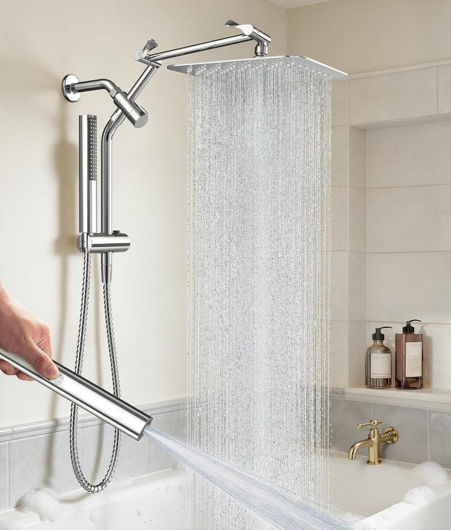 Veken All Metal 10" Shower Head with Handheld, Luxurious Square Double Rain Shower Heads,Power Wash Wand,Dual High Pressure Detachable Rainfall Showerhead with Spray Combo,Extension Arm,Chrome,Sliver
