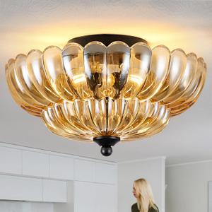 Semi Flush Mount Ceiling Light, Amber Glass Ceiling Light Fixture, 3-Bulb Modern Black Close to Ceiling Light, Vintage Glass Ceiling Lights for Bedroom Kitchen Living Room, Bulb Not Included