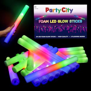Party City 24pk LED Foam Glow Sticks 14- Glow in the Dark Party Supplies Favors, Colorful Flashing Wand with 3 Modes, Light Up Foam Sticks Bulk Party Pack for Wedding, Birthday, Concert