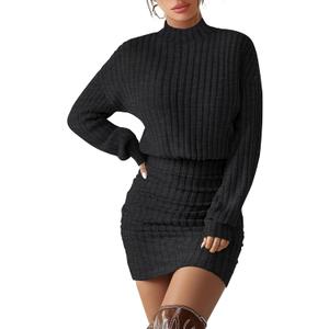 Women's Pullover Sweater Dress Long Lantern Sleeve Ribbed Knit Mock Neck Ruched Bodycon Casual Mini Dress 2025 (Black) Small