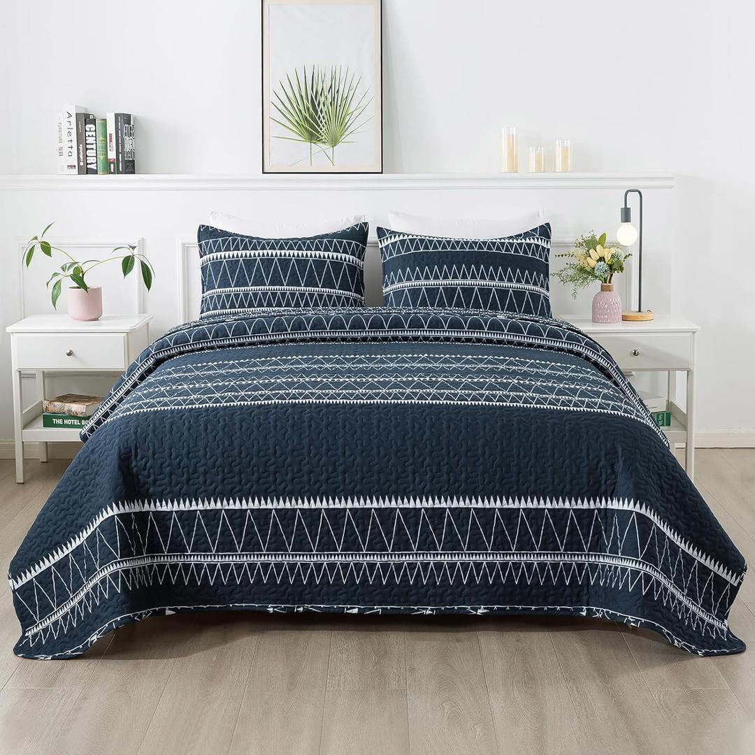 Andency Navy Oversized King Quilt Set, 3 Pieces Boho Lightweight Soft Striped Bedspread for All Season (120"x98"), Printed Bohemian Microfiber Reversible Coverlet Comforter Sets