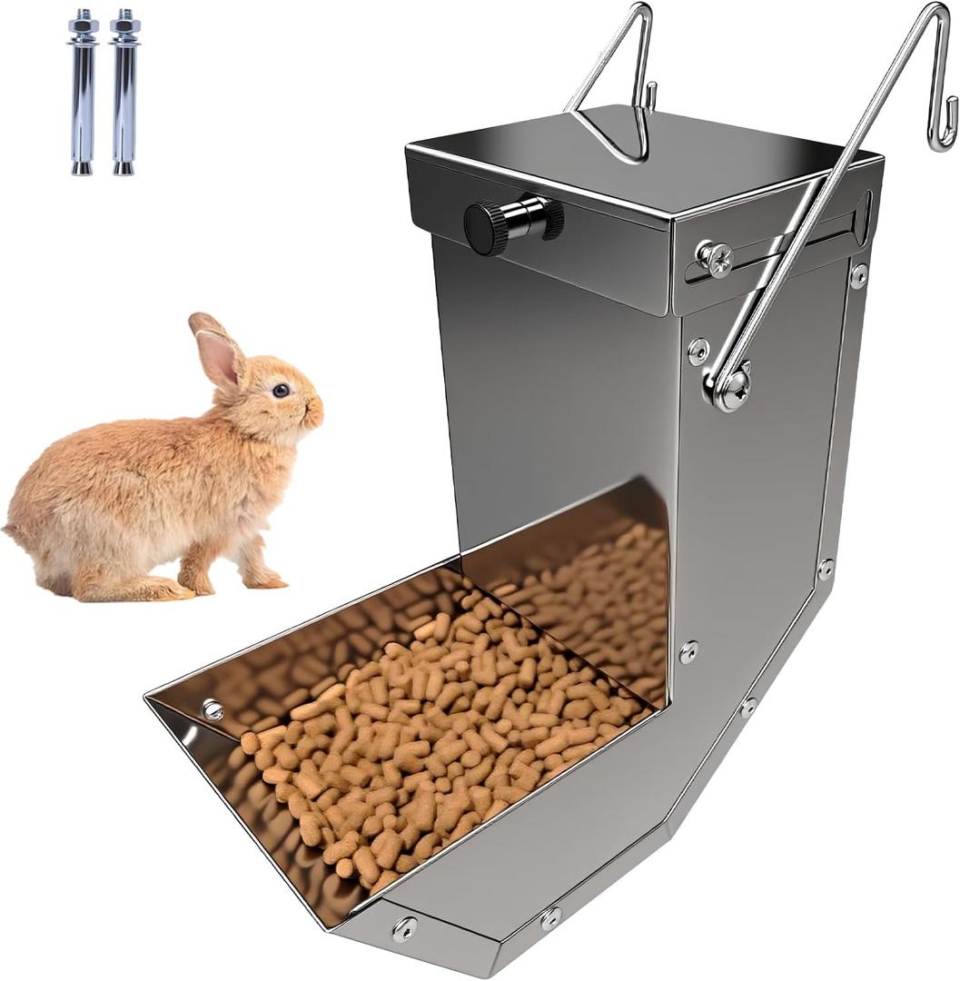 Rabbit Feeder  Small Animal Stainless Steel Gravity Feeding Trough with Lid, Outdoor Durable Cage Feeder Holds Several Days' Food (4 Inch/1.5Lbs)