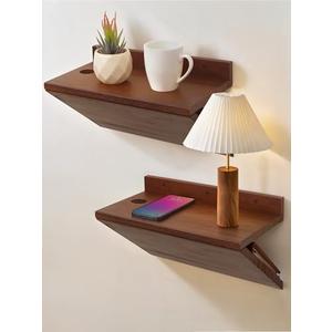 Sivapleso Floating Nightstand, Walnut Wood Floating Bedside Table Z-Shape Wall Mounted Nightstand Small Hanging Night Stands for Bedroom  (2, Walnut)