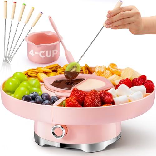 LUSHYUM Chocolate Fondue Pot Set Electric Melting Machine, 4-Cup Capacity 4 Trays 5 Forks 1 Spatula Cheese Warmer, Ideal Gift for Couple Family & Date Night Idea House Warming Holidays Essentials