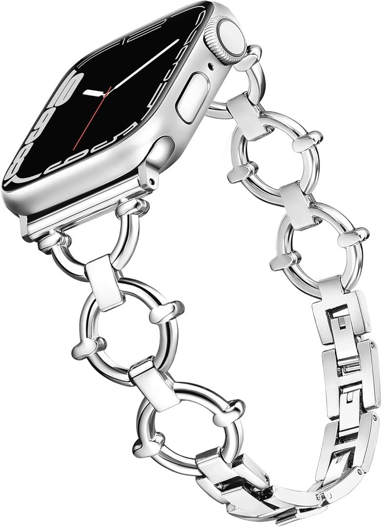 O-Shaped Band Compatible with Apple Watch Band 41mm 40mm 42mm(S10/11) 38mm iWatch Series 11 10 9 8 7 6 SE 5 4 3, Fancy Cute Slim Thin Metal Bracelet for Apple Watch Bands for Women-Silver
