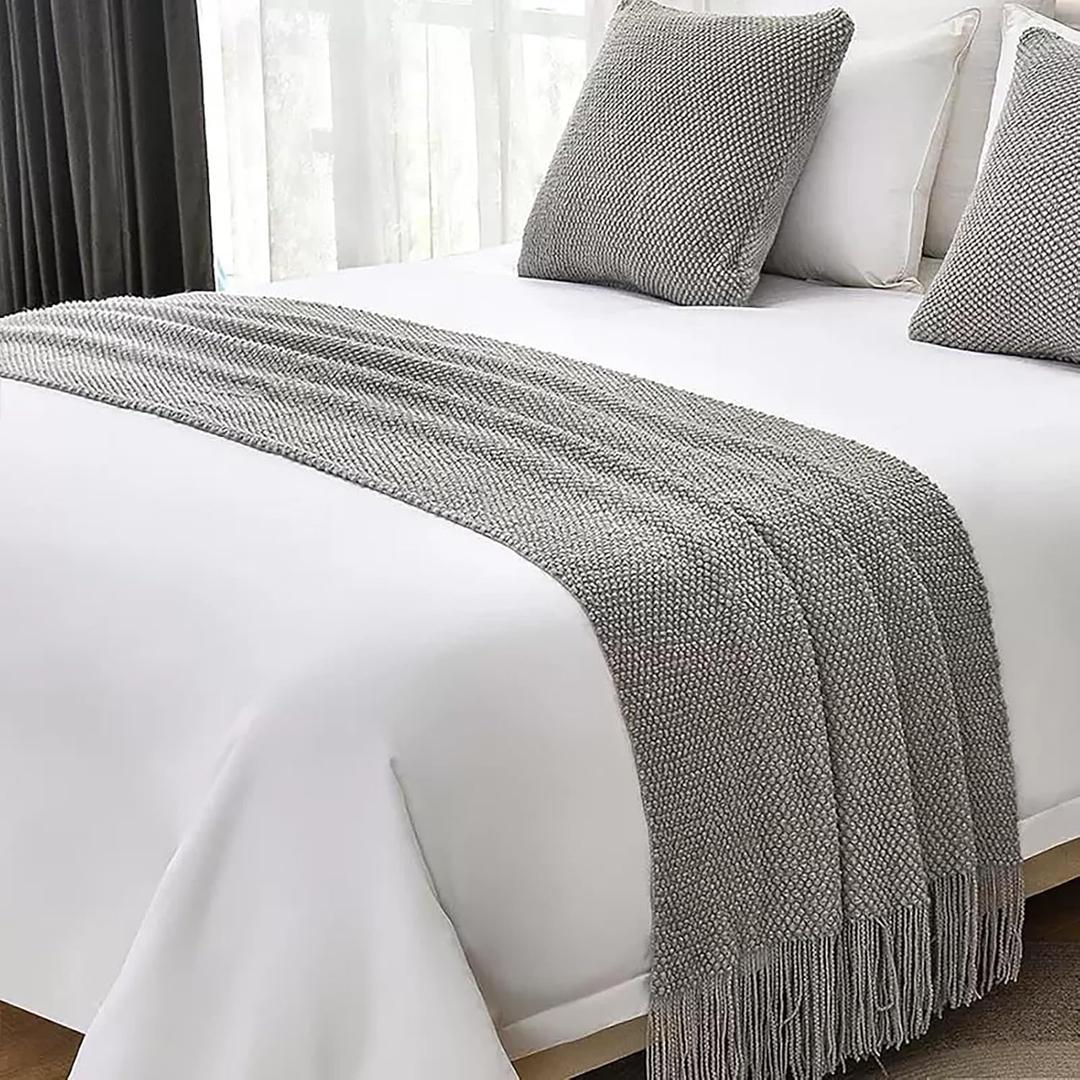 Grey Knit Bed Runner for Queen Size Bed Solid Color Woven Bed Scarf with Tassel Boho Modern Bed Runner Scarves Decoration for Bedroom Home Hotel (91 x 28 Inches, 1 Piece)