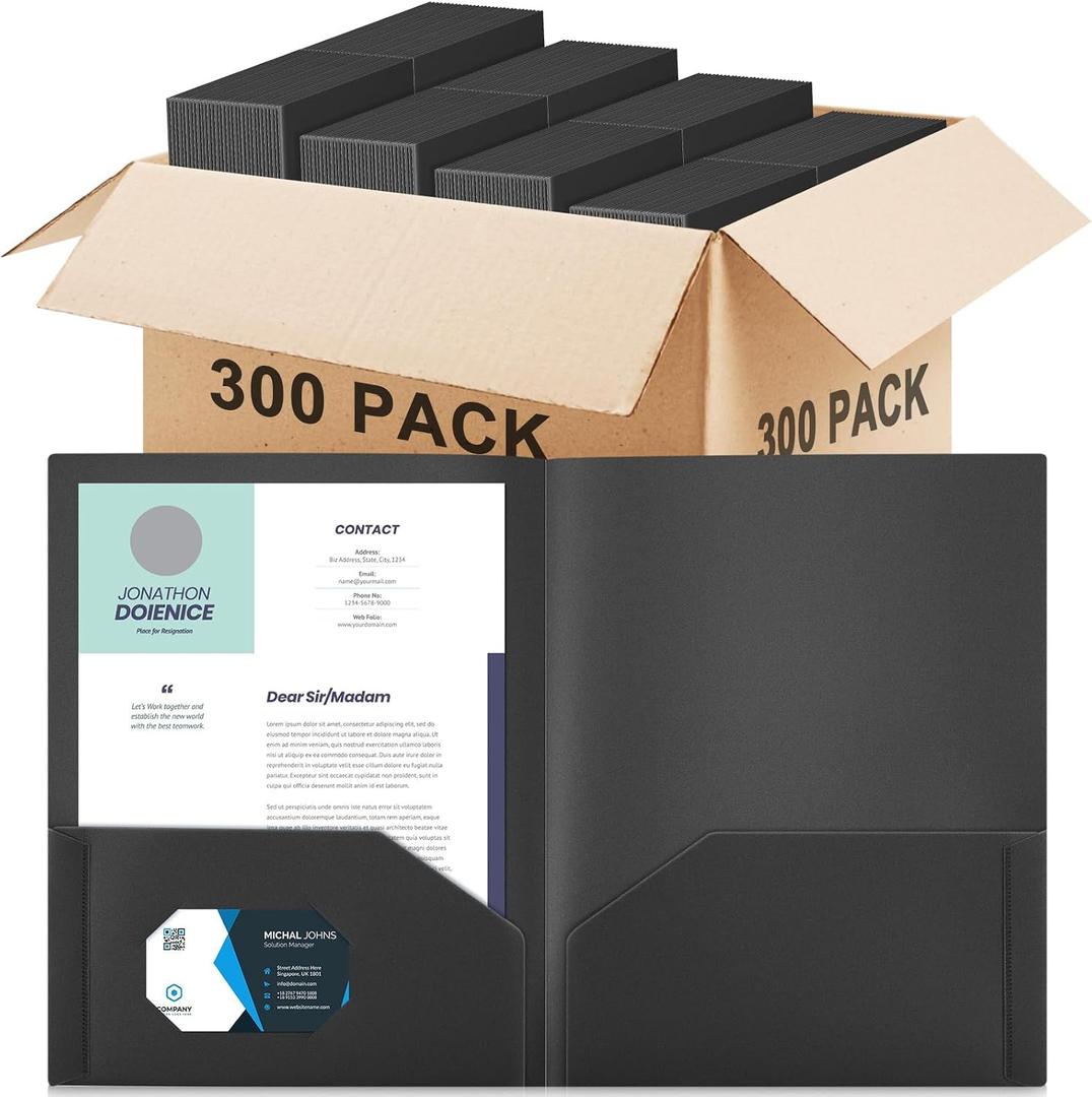 Gueevin 300 Pcs Two Pocket Folders, Heavy Duty Letter Size, Black