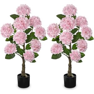 3FT Pink Hydrangea Artificial Flowers Tree Large Real Touch Faux Silk Hydrangea Plants Potted Fake Flower in Black Pot for Home Indoor Outdoor Front Porch Garden Entrance Living Room Decor, 2 Pack