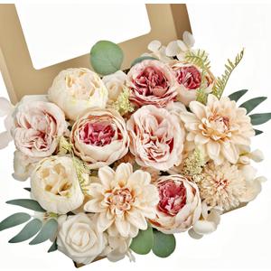 MISSPIN Artificial Flowers DIY Box Set Fake Roses Bouquet Bridal Wedding Flowers Colorful Centerpiece Table Decorations Boho Faux Floral with Stems Arrangements for Cake Home Party Indoor Outdoor (Champagne)