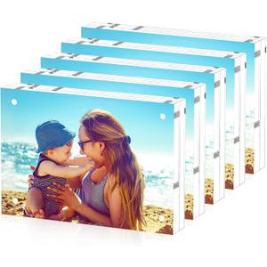 HELPLEX Acrylic Frame, 5 Pack 3.5x5 Acrylic Picture Frames, 20mm Thicker Frameless Clear Double Sided Magnetic Frame, Free Standing Desktop Display