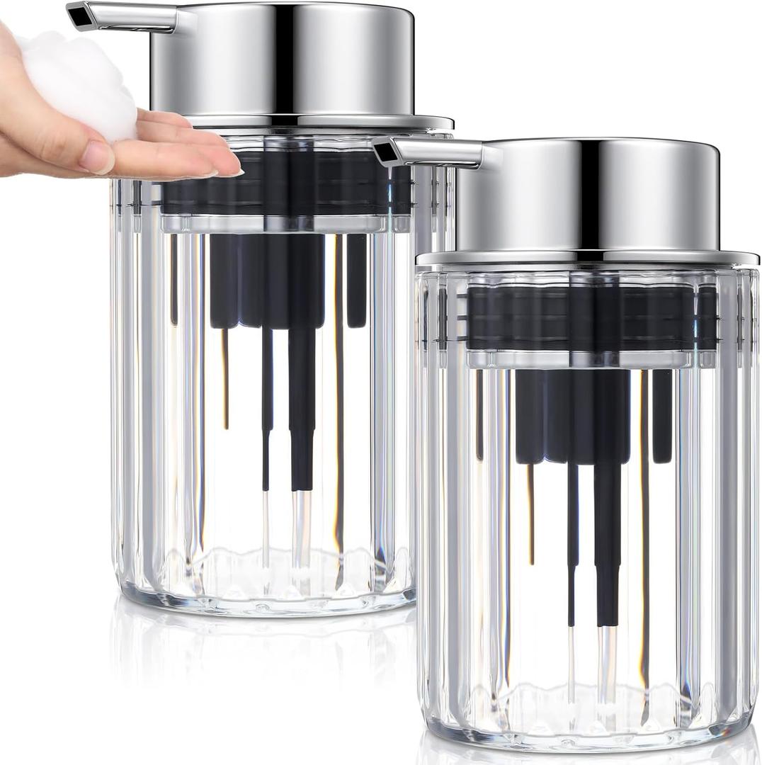 Potchen 2 Pcs Refillable Foaming Hand Soap Dispenser 10 oz Plastic Dispenser Pump Lotion Foaming with Silver Pump for Bathroom Vanities Kitchen(Clear)
