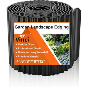 Vinci Garden Landscape Edging Border, 8 Inch x 20 FT Corrugated Sturdy Metal Easy Installation Safe Hemmed Lawn Garden Border Edges for DIY Flower Beds, Pathways and Patio Design (Black)