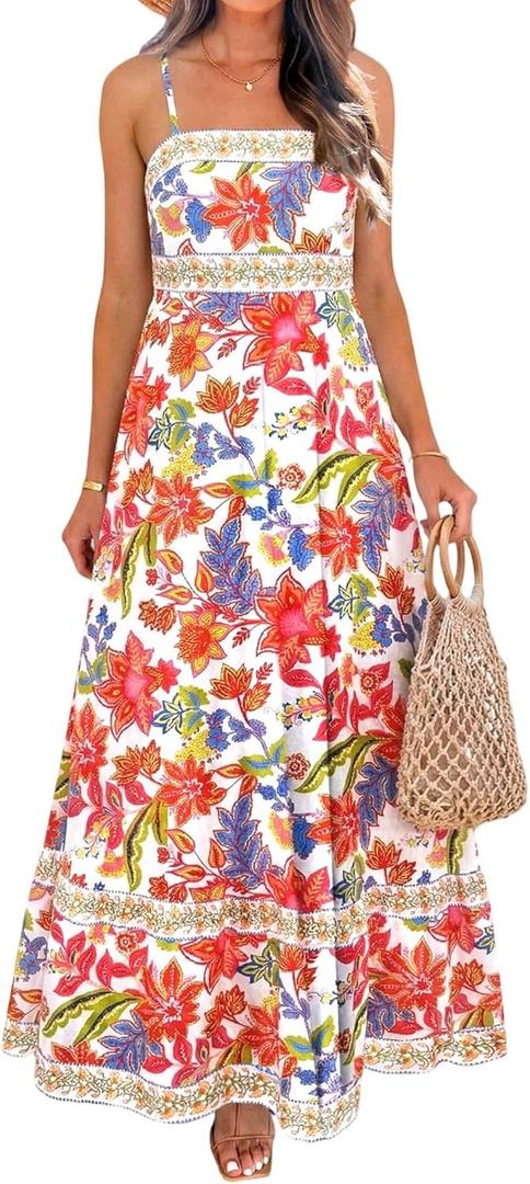 popvil Women Summer Maxi Dress 2026 Spaghetti Strap Long Beach Dress Boho A-Line Flowy Casual Sleeveless Sun Dress, XL 