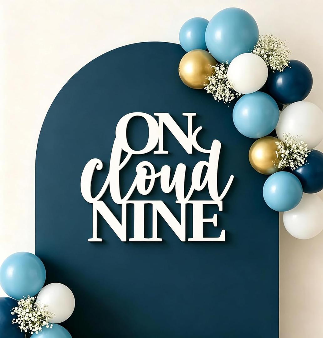 Cutout Wooden On Cloud Nine Sign for Backdrop, Cloud Theme Party Decoration for Baptism Baby Shower Gender Reveal 9th Birthday Party Home Decoration