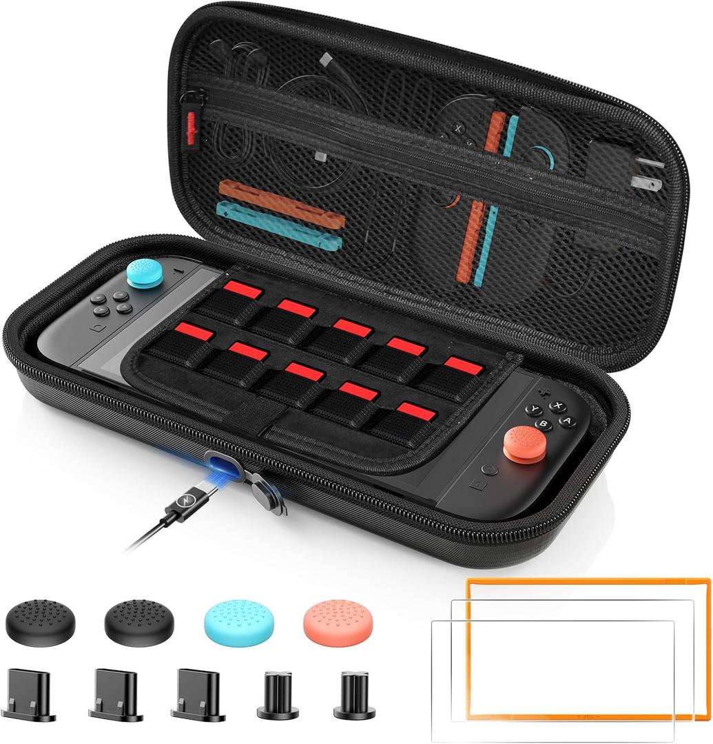 [All in One] Bundle Accessories for Nintendo Switch 2, Carrying Case for Switch 2, 2X Tempered Glass Screen Protector with Frame, 4X Thumb Grip, 5X Dust Plug