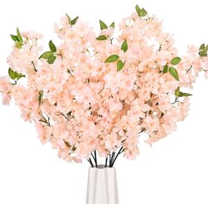 Sunm Boutique Champagne Faux Cherry Blossom Branches, Artificial Cherry Blossom Stems Cherry Blossom Flowers Vase Arrangements for Wedding Home Party Kitchen Decor, Set of 3