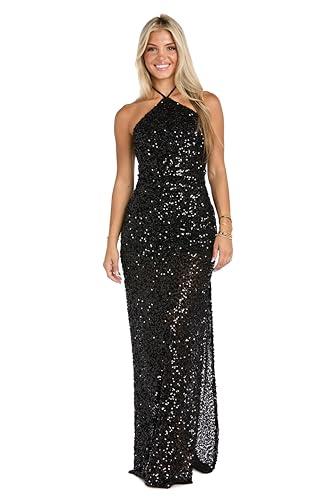MORGAN AND CO. Black Sequin Halter Gown - Elegant Tie Neck & Thigh Slit Prom & Formal Dress Size 0