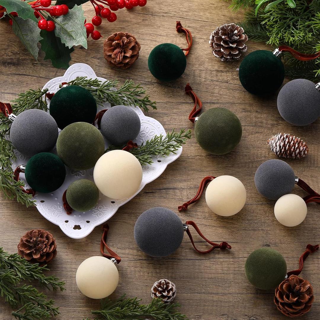 PullCrease 40 Pcs Velvet Christmas Balls Flocked Christmas Tree Hanging Ornaments Neutral Shatterproof Plastic Velvet Ball for Xmas Tree Decor(Gray, Sage Green, Hunter Green, Cream)
