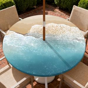Outdoor Tablecloth with Umbrella Hole and Zipper Waterproof Round Fitted Tablecloth with Elastic Edge, Wipeable Outdoor Table Cover for Patio, Garden, Picnic Fits 53-60" Round Tables