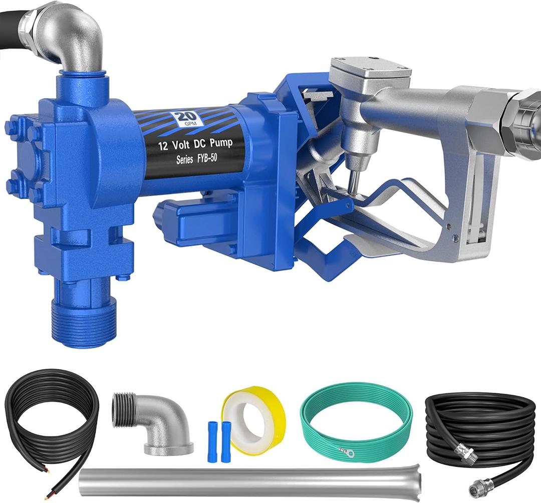 12V 20 GPM Fuel Transfer Pump with Discharge Hose & Manual Nozzle for Oil Fuel Diesel Gasoline Kerosene Ethanol Methanol Blends Biodiesel