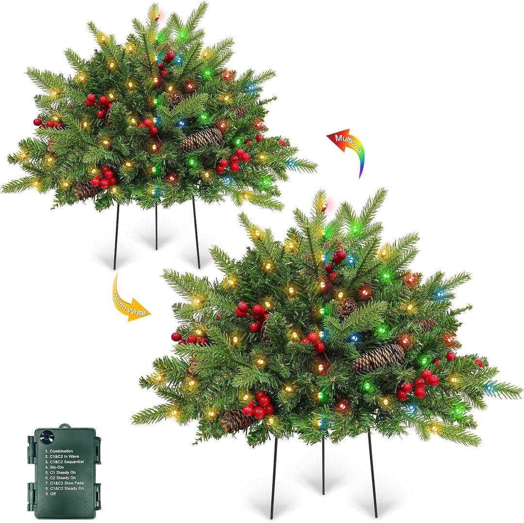 Timer 2 Pack Outdoor Christmas Tree Urn Filler 24 Inch Artificial Xmas Tree with Pine cones Red Berries Tripod Stake Warm White & Colorful Lights Battery Operated 8 Mode Porch Decor Pathway Holiday Yard