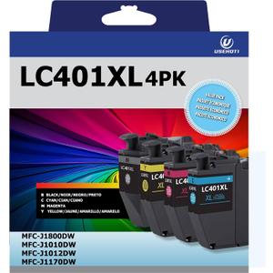 LC401XL Ink Cartridges Compatible for Brother LC401 LC401XL High Yield Work with Brother MFC-J1010DW MFC-J1012DW MFC-J1800DW MFC-J1170DW Printer (Black Cyan Magenta Yellow, 4XL Pack)