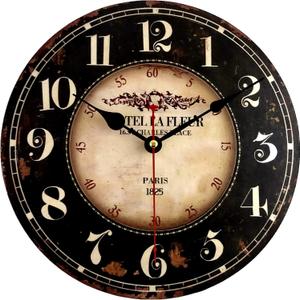 Mrocioa 14 inch Round Black Paris Decorative Wall Clock with Big Arab Numerals, Retro Wood Wall Clocks for Living Room,Office and Kitchen,Colorful Quality Quartz Quiet Round Hanging Clock