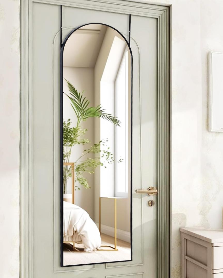 Full Length Mirror 48x14 Inches - Over The Door Hanging Mirror for Bedroom, Living Room, Closet - Arch Floor Mirror, Door Mirror with Black Frame - No Drill Easy Install (48"L x 14"W)