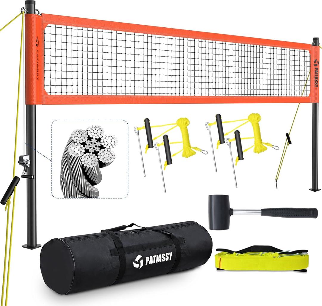 Professional Volleyball Net for Backyard with Adjustable Aluminum Poles and Steel Wire Rope Heavy Duty Outdoor Portable Volleyball Set with Anti-Sag Winch System and 2 Inch Boundary Line (Orange)