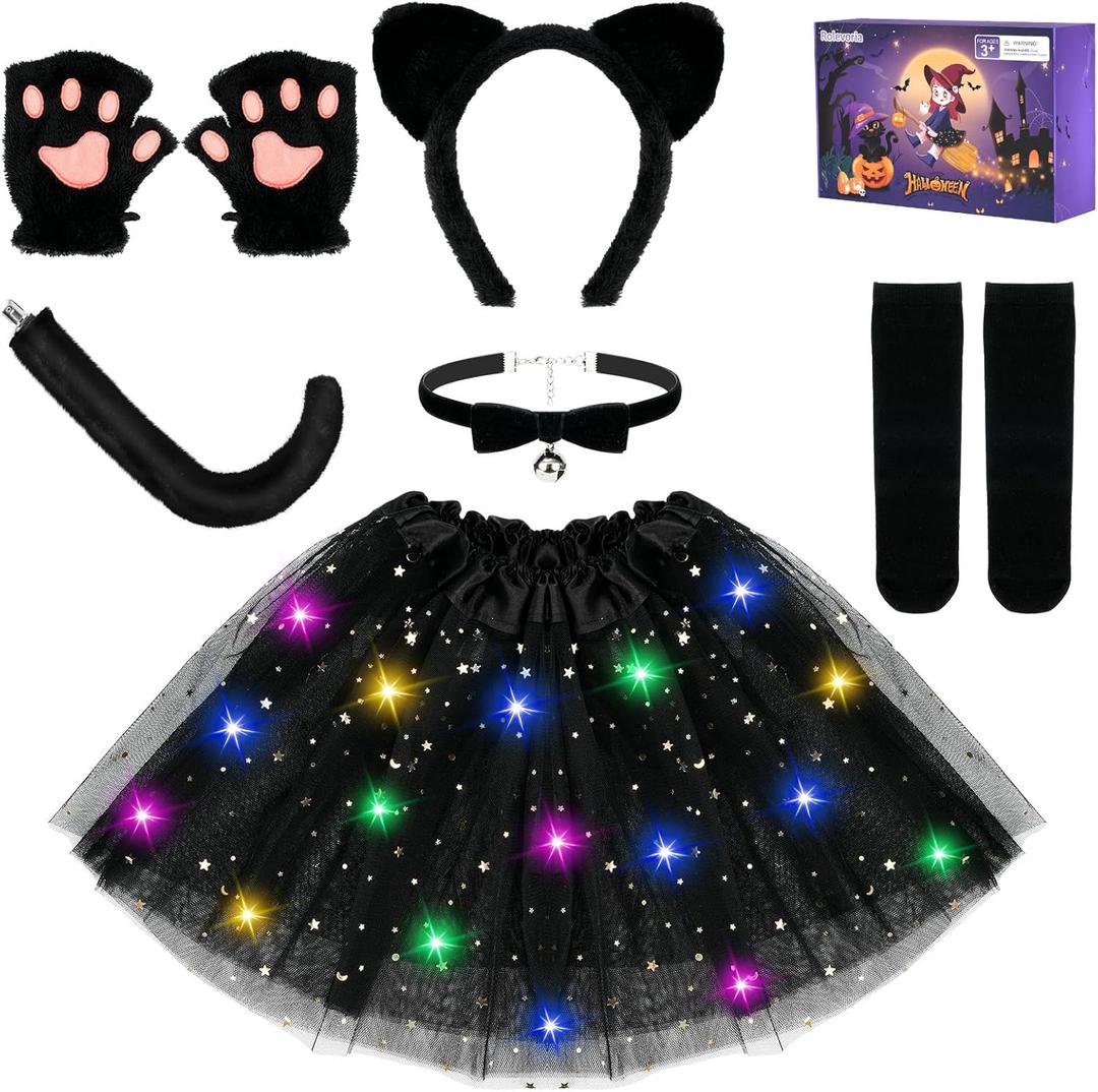 Halloween Black Cat Costume for Girls, Cat Costume Set with Light Up Tutu Skirt, Dress Up Cosplay for Kids Ages 3-8