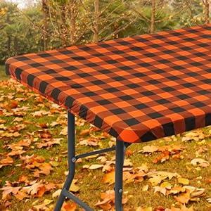 smiry Rectangle Table Cloth Cover, Elastic Waterproof Fitted Vinyl Table Covers for 6 FT Tables, Flannel Backed Buffalo Plaid Tablecloth for Fall Picnic, Harvest & Halloween (Black and Orange, 30x72)